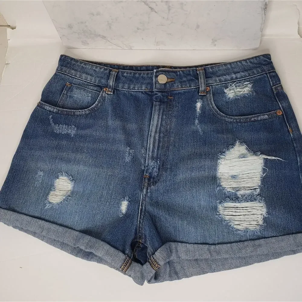 Asos denim jeans shorts distressed high waisted mom rolled hem size 12